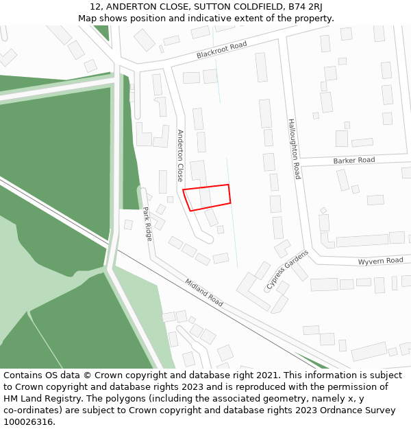 12, ANDERTON CLOSE, SUTTON COLDFIELD, B74 2RJ: Location map and indicative extent of plot