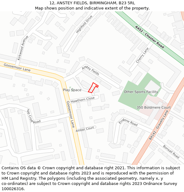 12, ANSTEY FIELDS, BIRMINGHAM, B23 5RL: Location map and indicative extent of plot