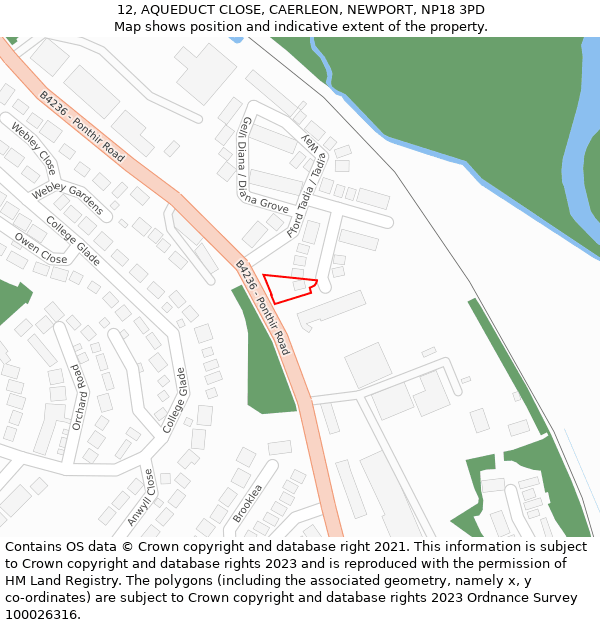 12, AQUEDUCT CLOSE, CAERLEON, NEWPORT, NP18 3PD: Location map and indicative extent of plot