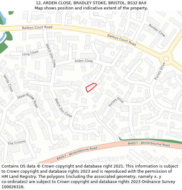 12, ARDEN CLOSE, BRADLEY STOKE, BRISTOL, BS32 8AX: Location map and indicative extent of plot