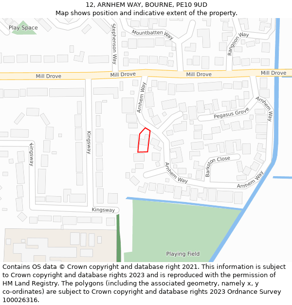 12, ARNHEM WAY, BOURNE, PE10 9UD: Location map and indicative extent of plot