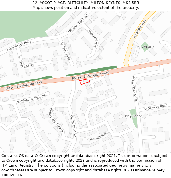 12, ASCOT PLACE, BLETCHLEY, MILTON KEYNES, MK3 5BB: Location map and indicative extent of plot