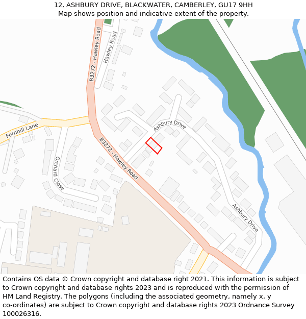 12, ASHBURY DRIVE, BLACKWATER, CAMBERLEY, GU17 9HH: Location map and indicative extent of plot