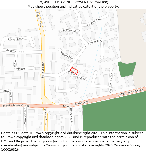 12, ASHFIELD AVENUE, COVENTRY, CV4 9SQ: Location map and indicative extent of plot