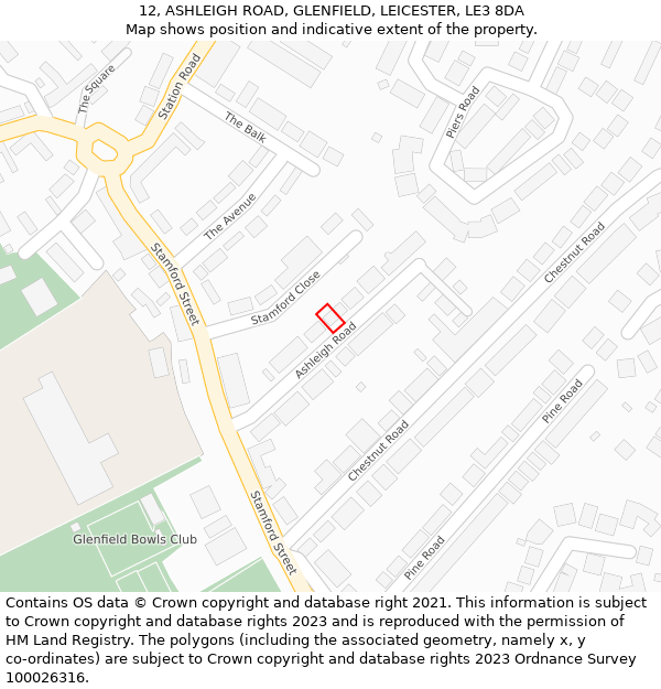 12, ASHLEIGH ROAD, GLENFIELD, LEICESTER, LE3 8DA: Location map and indicative extent of plot