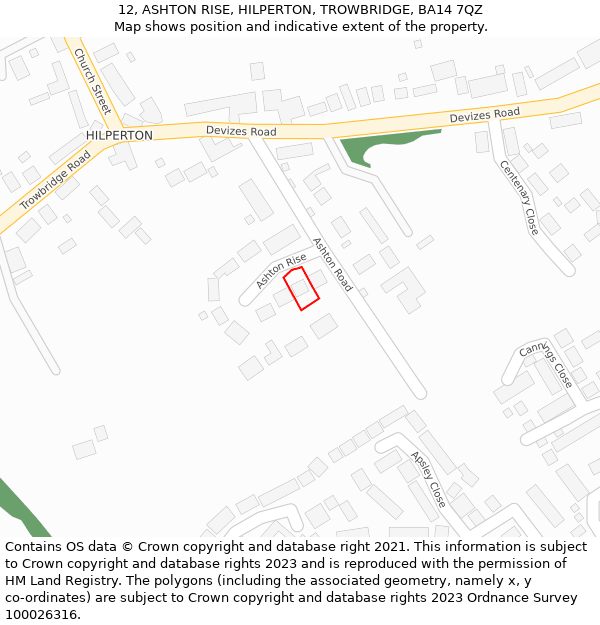 12, ASHTON RISE, HILPERTON, TROWBRIDGE, BA14 7QZ: Location map and indicative extent of plot