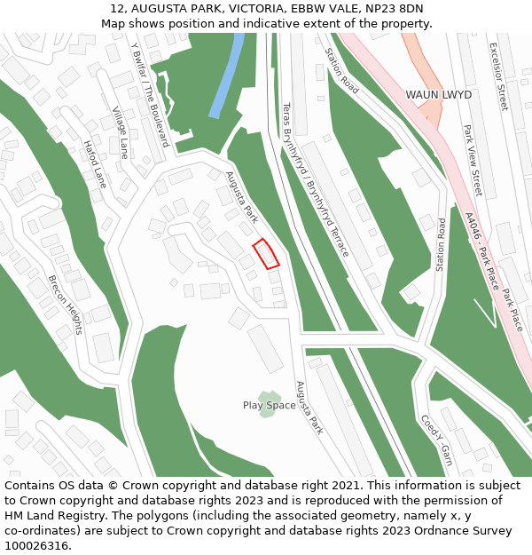 12, AUGUSTA PARK, VICTORIA, EBBW VALE, NP23 8DN: Location map and indicative extent of plot