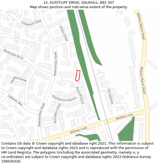 12, AUSTCLIFF DRIVE, SOLIHULL, B91 3XT: Location map and indicative extent of plot