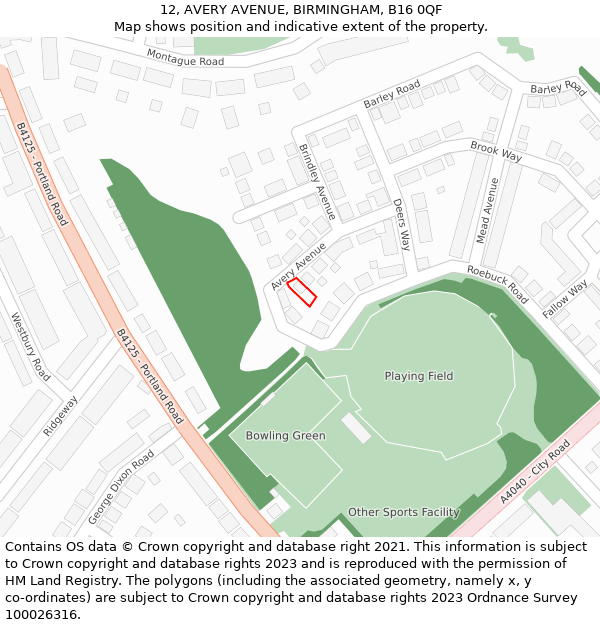 12, AVERY AVENUE, BIRMINGHAM, B16 0QF: Location map and indicative extent of plot