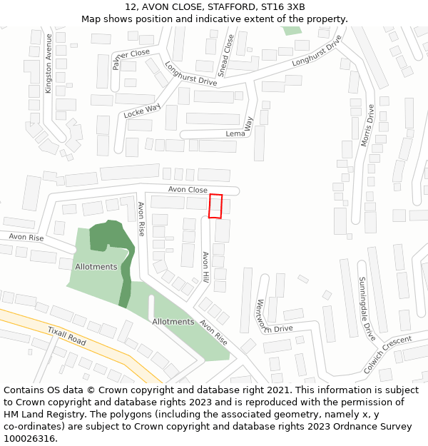 12, AVON CLOSE, STAFFORD, ST16 3XB: Location map and indicative extent of plot