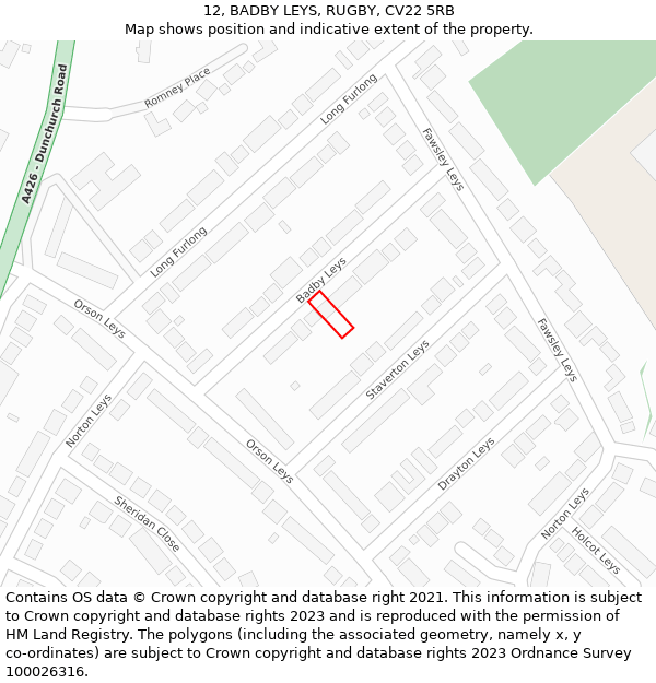 12, BADBY LEYS, RUGBY, CV22 5RB: Location map and indicative extent of plot