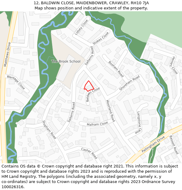 12, BALDWIN CLOSE, MAIDENBOWER, CRAWLEY, RH10 7JA: Location map and indicative extent of plot