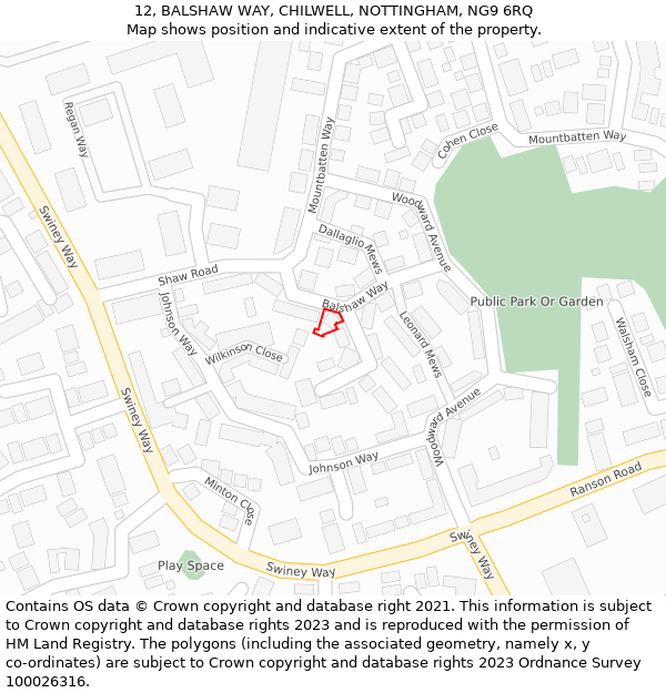 12, BALSHAW WAY, CHILWELL, NOTTINGHAM, NG9 6RQ: Location map and indicative extent of plot