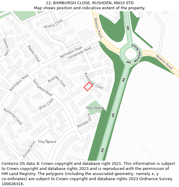 12, BAMBURGH CLOSE, RUSHDEN, NN10 0TD: Location map and indicative extent of plot