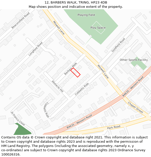 12, BARBERS WALK, TRING, HP23 4DB: Location map and indicative extent of plot