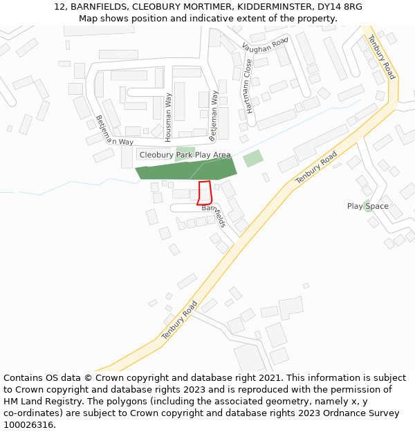 12, BARNFIELDS, CLEOBURY MORTIMER, KIDDERMINSTER, DY14 8RG: Location map and indicative extent of plot