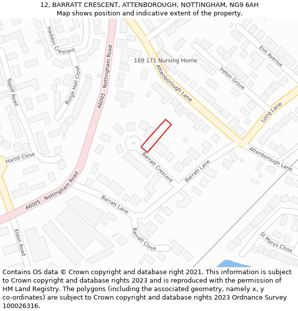 12, BARRATT CRESCENT, ATTENBOROUGH, NOTTINGHAM, NG9 6AH: Location map and indicative extent of plot