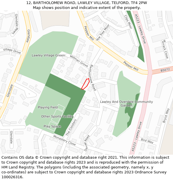 12, BARTHOLOMEW ROAD, LAWLEY VILLAGE, TELFORD, TF4 2PW: Location map and indicative extent of plot