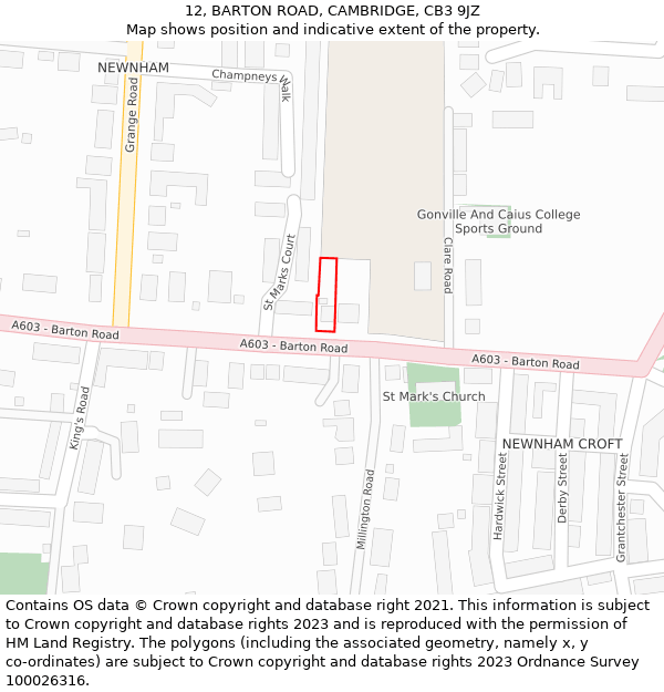 12, BARTON ROAD, CAMBRIDGE, CB3 9JZ: Location map and indicative extent of plot