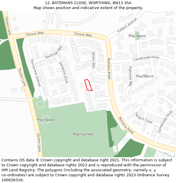 12, BATEMANS CLOSE, WORTHING, BN13 3SA: Location map and indicative extent of plot