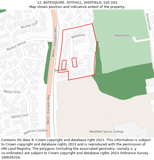 12, BATESQUIRE, SOTHALL, SHEFFIELD, S20 2GS: Location map and indicative extent of plot