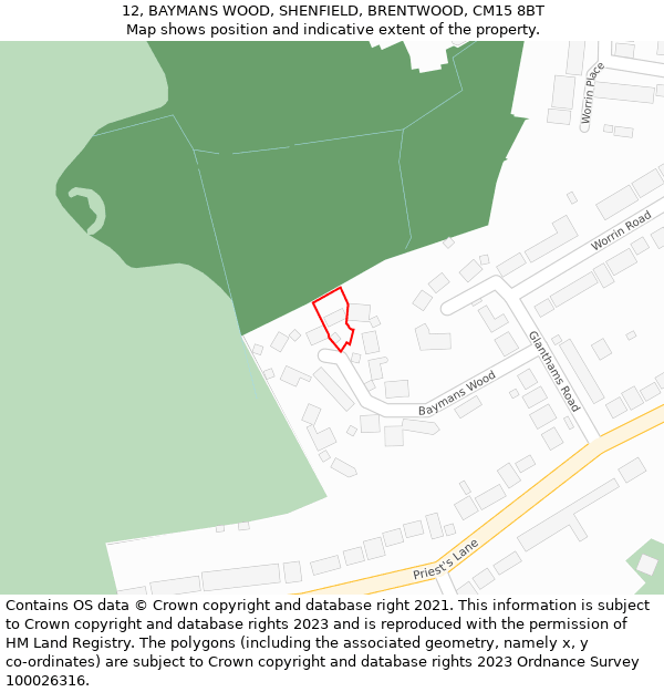 12, BAYMANS WOOD, SHENFIELD, BRENTWOOD, CM15 8BT: Location map and indicative extent of plot