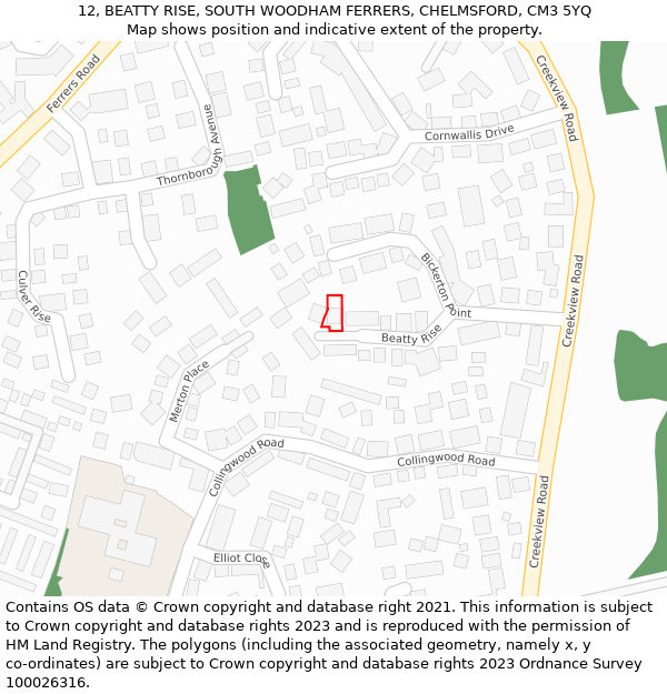 12, BEATTY RISE, SOUTH WOODHAM FERRERS, CHELMSFORD, CM3 5YQ: Location map and indicative extent of plot