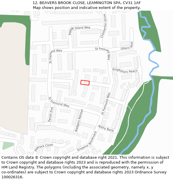 12, BEAVERS BROOK CLOSE, LEAMINGTON SPA, CV31 1AF: Location map and indicative extent of plot