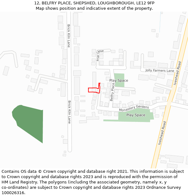 12, BELFRY PLACE, SHEPSHED, LOUGHBOROUGH, LE12 9FP: Location map and indicative extent of plot