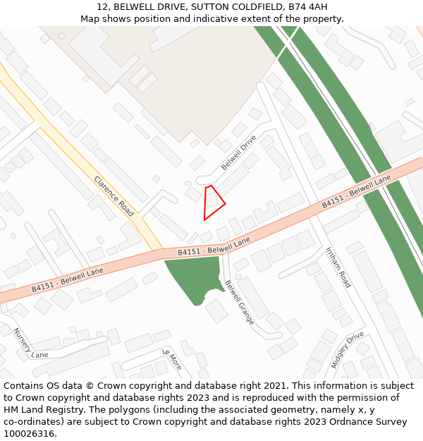 12, BELWELL DRIVE, SUTTON COLDFIELD, B74 4AH: Location map and indicative extent of plot