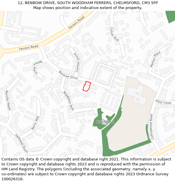 12, BENBOW DRIVE, SOUTH WOODHAM FERRERS, CHELMSFORD, CM3 5FP: Location map and indicative extent of plot