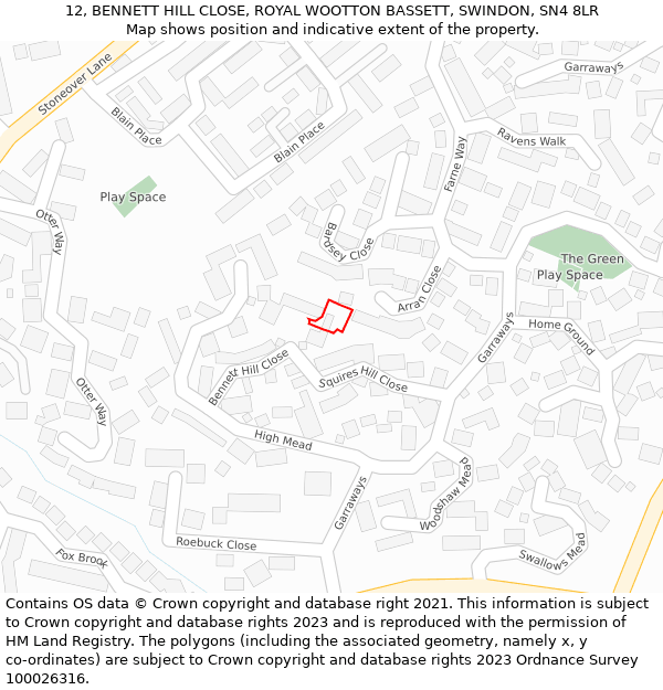 12, BENNETT HILL CLOSE, ROYAL WOOTTON BASSETT, SWINDON, SN4 8LR: Location map and indicative extent of plot