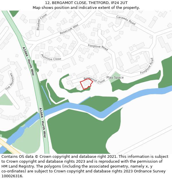 12, BERGAMOT CLOSE, THETFORD, IP24 2UT: Location map and indicative extent of plot