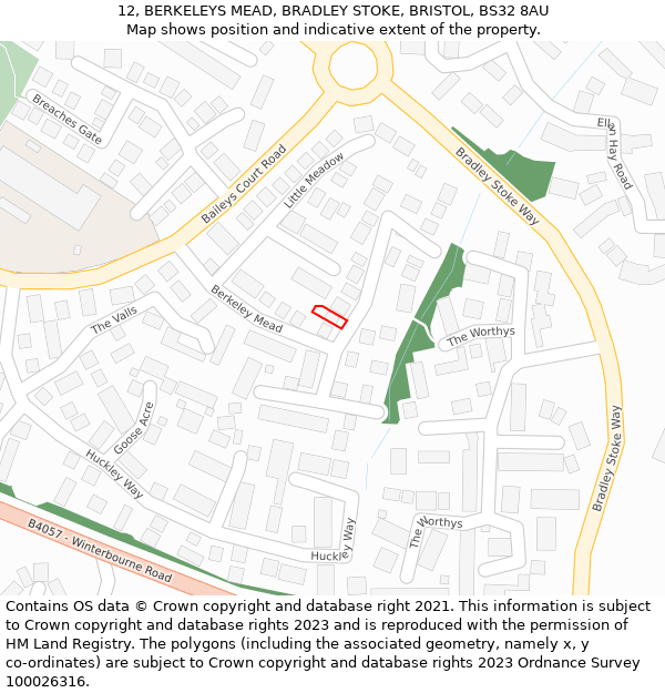 12, BERKELEYS MEAD, BRADLEY STOKE, BRISTOL, BS32 8AU: Location map and indicative extent of plot