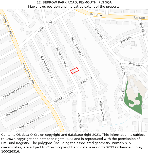 12, BERROW PARK ROAD, PLYMOUTH, PL3 5QA: Location map and indicative extent of plot