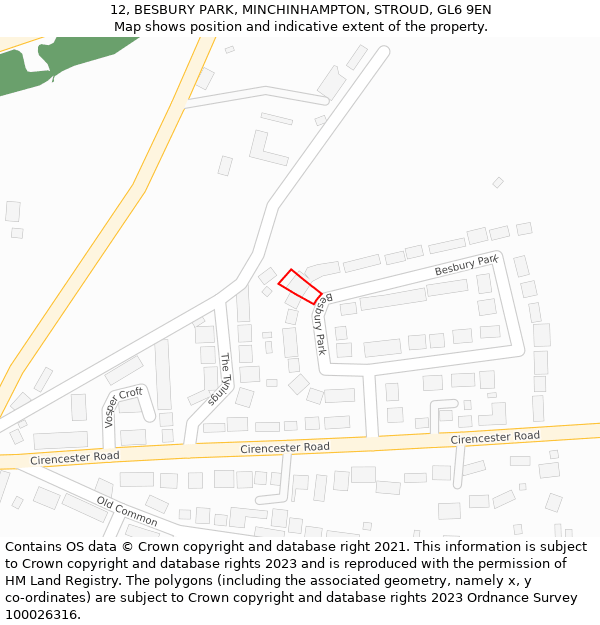 12, BESBURY PARK, MINCHINHAMPTON, STROUD, GL6 9EN: Location map and indicative extent of plot