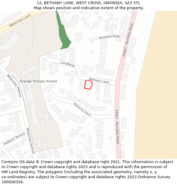 12, BETHANY LANE, WEST CROSS, SWANSEA, SA3 5TL: Location map and indicative extent of plot