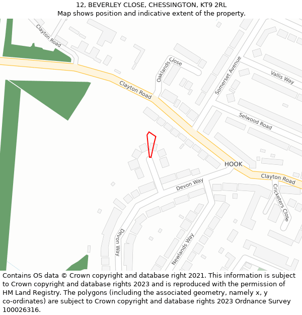 12, BEVERLEY CLOSE, CHESSINGTON, KT9 2RL: Location map and indicative extent of plot