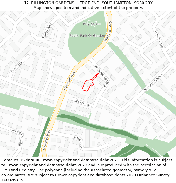 12, BILLINGTON GARDENS, HEDGE END, SOUTHAMPTON, SO30 2RY: Location map and indicative extent of plot