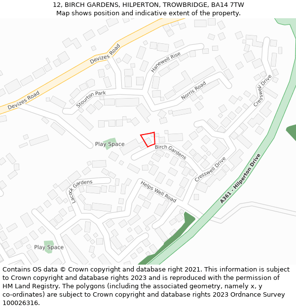 12, BIRCH GARDENS, HILPERTON, TROWBRIDGE, BA14 7TW: Location map and indicative extent of plot