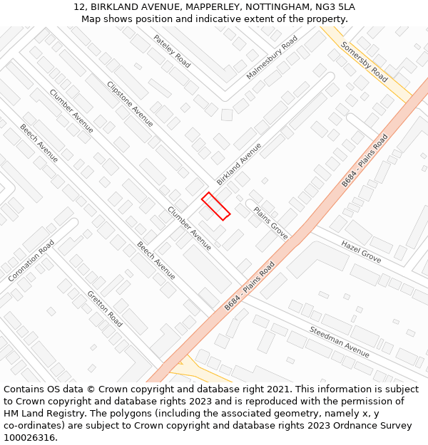 12, BIRKLAND AVENUE, MAPPERLEY, NOTTINGHAM, NG3 5LA: Location map and indicative extent of plot