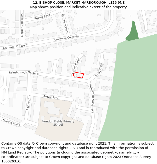 12, BISHOP CLOSE, MARKET HARBOROUGH, LE16 9NE: Location map and indicative extent of plot