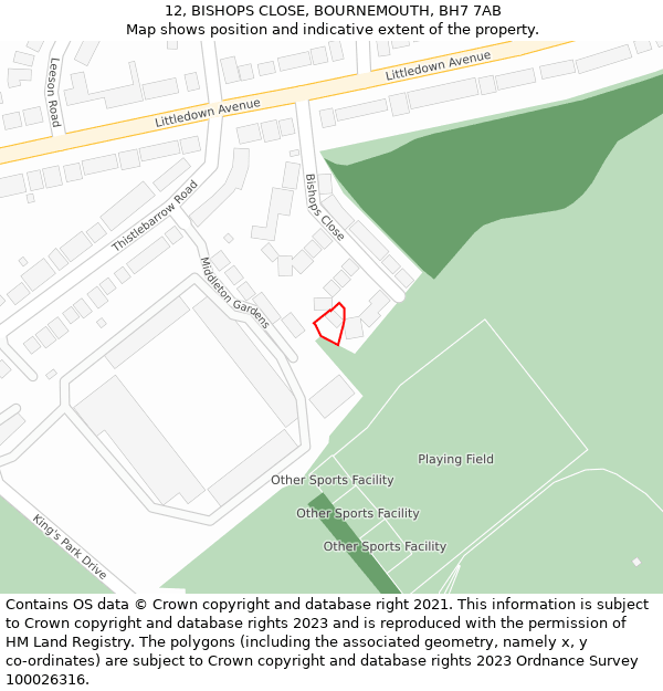12, BISHOPS CLOSE, BOURNEMOUTH, BH7 7AB: Location map and indicative extent of plot
