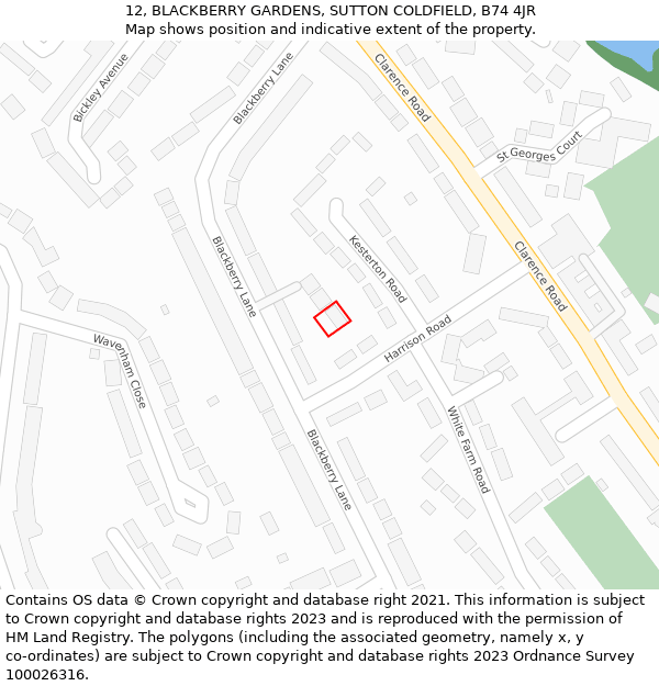 12, BLACKBERRY GARDENS, SUTTON COLDFIELD, B74 4JR: Location map and indicative extent of plot