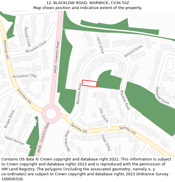 12, BLACKLOW ROAD, WARWICK, CV34 5SZ: Location map and indicative extent of plot