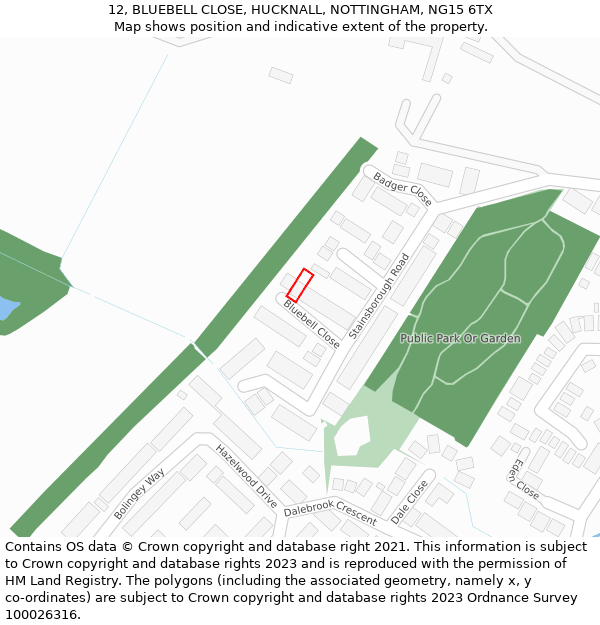 12, BLUEBELL CLOSE, HUCKNALL, NOTTINGHAM, NG15 6TX: Location map and indicative extent of plot