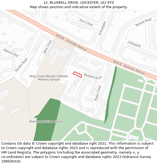 12, BLUEBELL DRIVE, LEICESTER, LE2 6TZ: Location map and indicative extent of plot