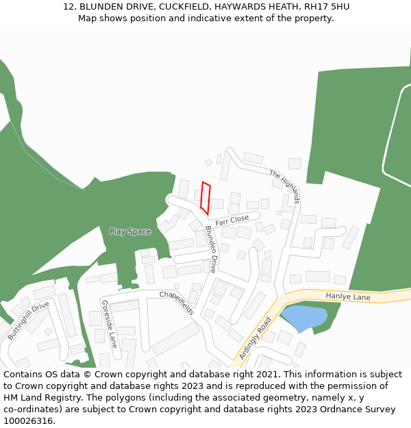 12, BLUNDEN DRIVE, CUCKFIELD, HAYWARDS HEATH, RH17 5HU: Location map and indicative extent of plot