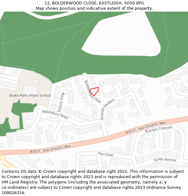 12, BOLDERWOOD CLOSE, EASTLEIGH, SO50 8PG: Location map and indicative extent of plot