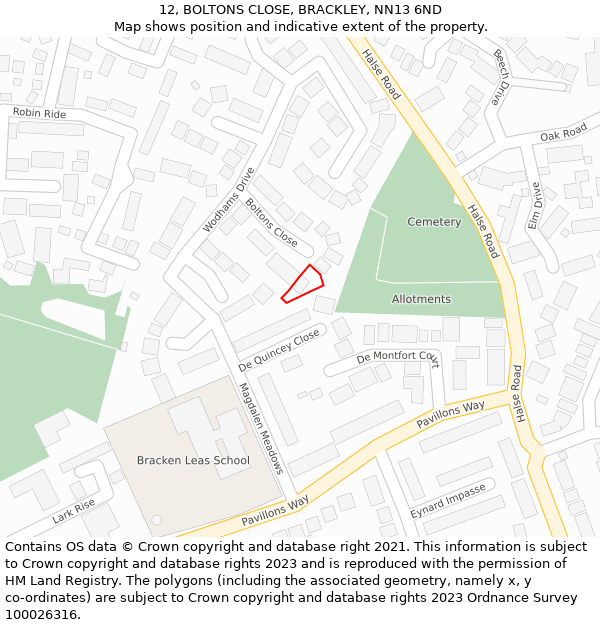 12, BOLTONS CLOSE, BRACKLEY, NN13 6ND: Location map and indicative extent of plot
